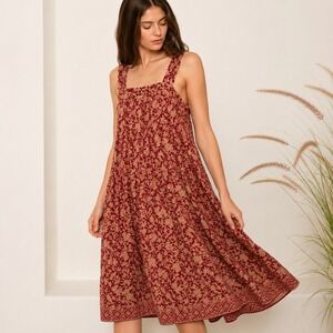 Natalie Martin Red Printed Silk Jasmine Tiered Midi Dress Size Medium
